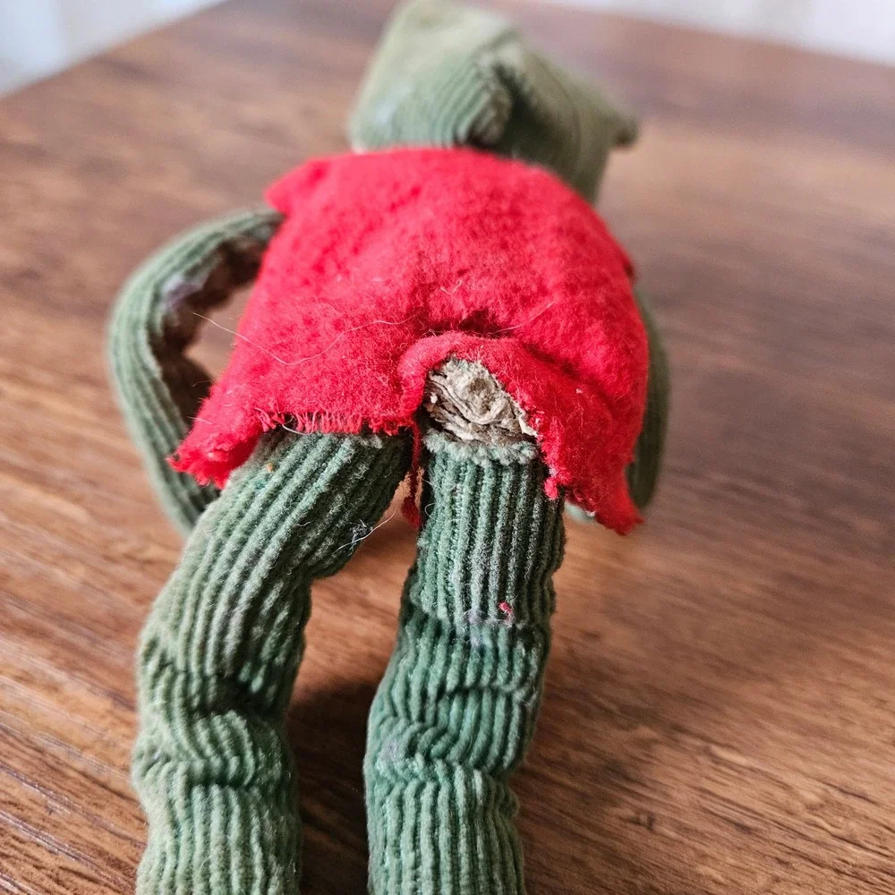 Vintage Japan Elf Doll Ornament Christmas‎ Decoration Green Corduroy Sit Hang